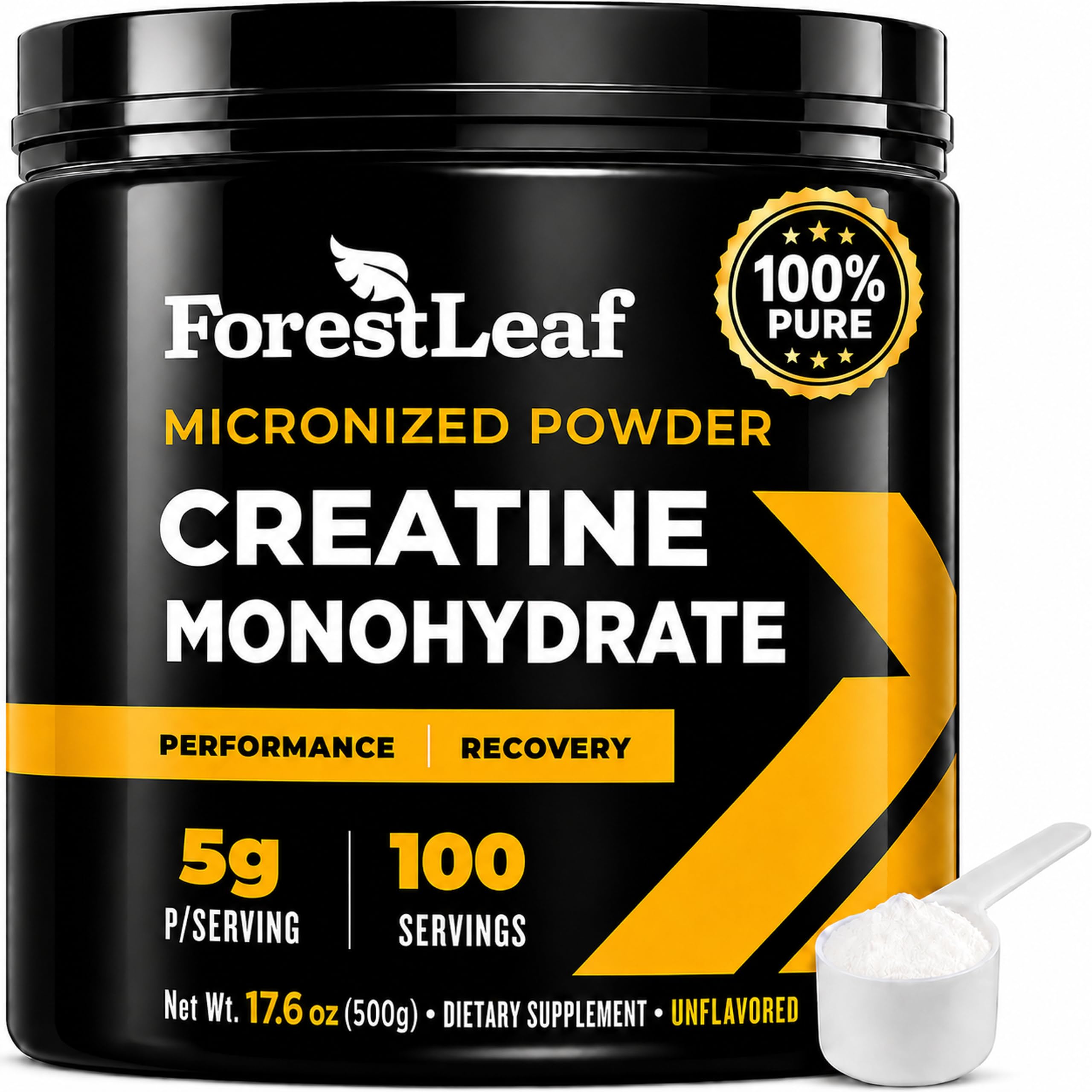 ForestLeaf envase frontal mostrando creatina pura y beneficios de fuerza