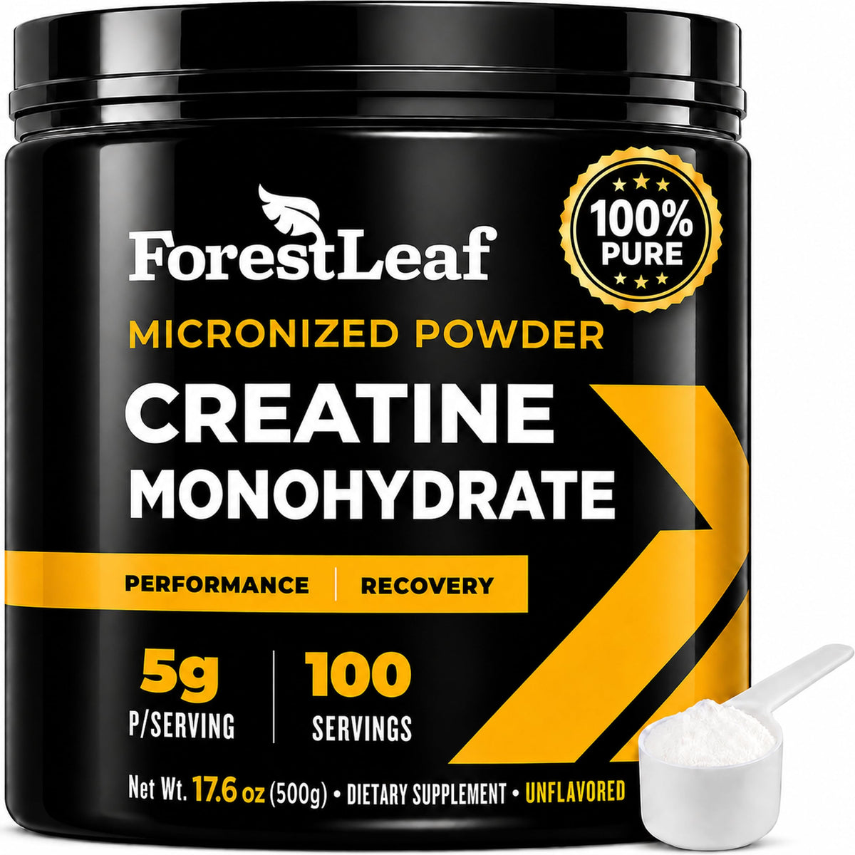 ForestLeaf envase frontal mostrando creatina pura y beneficios de fuerza