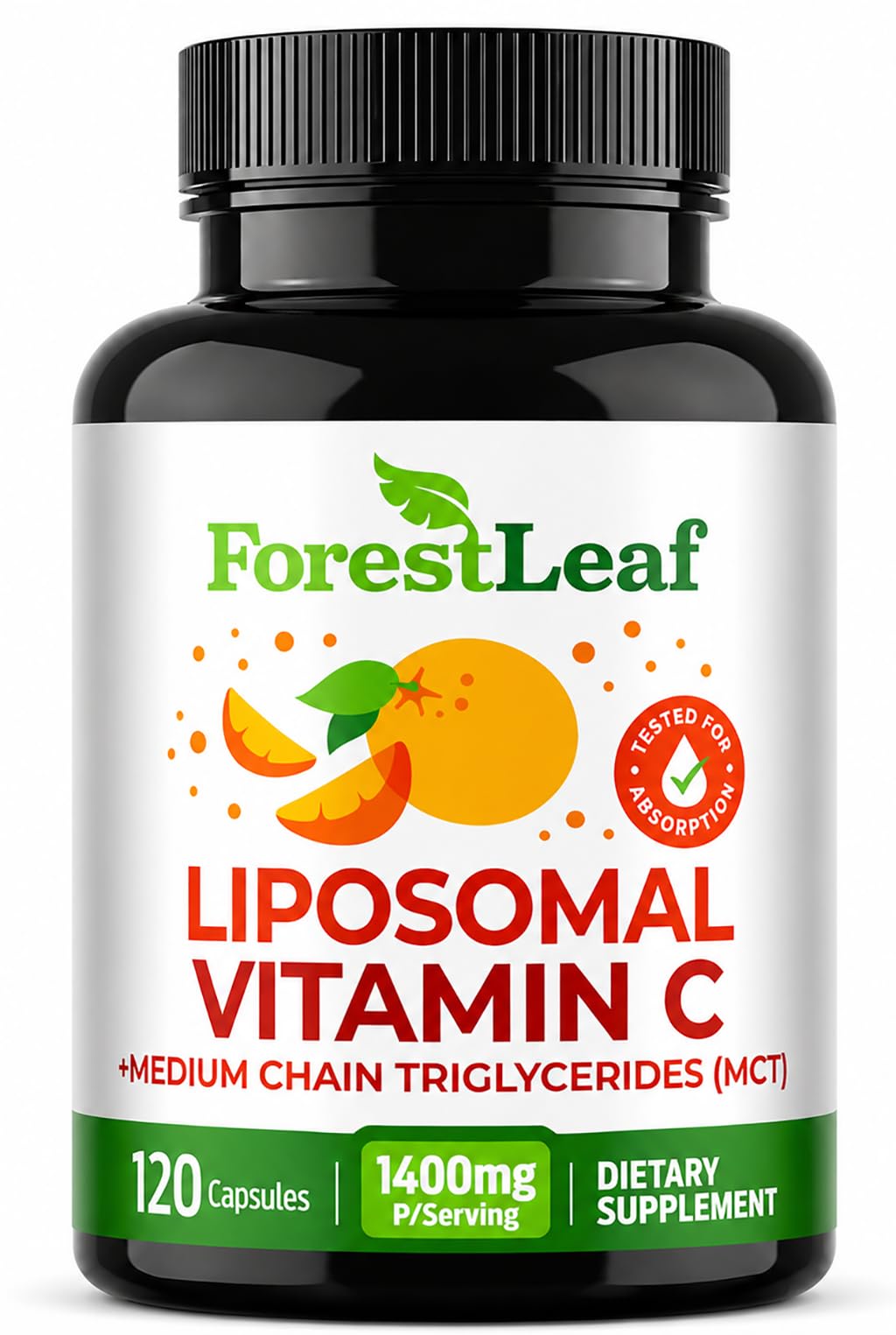 ForestLeaf frente del envase mostrando diseño y cantidad de 120 cápsulas, confianza y transparencia