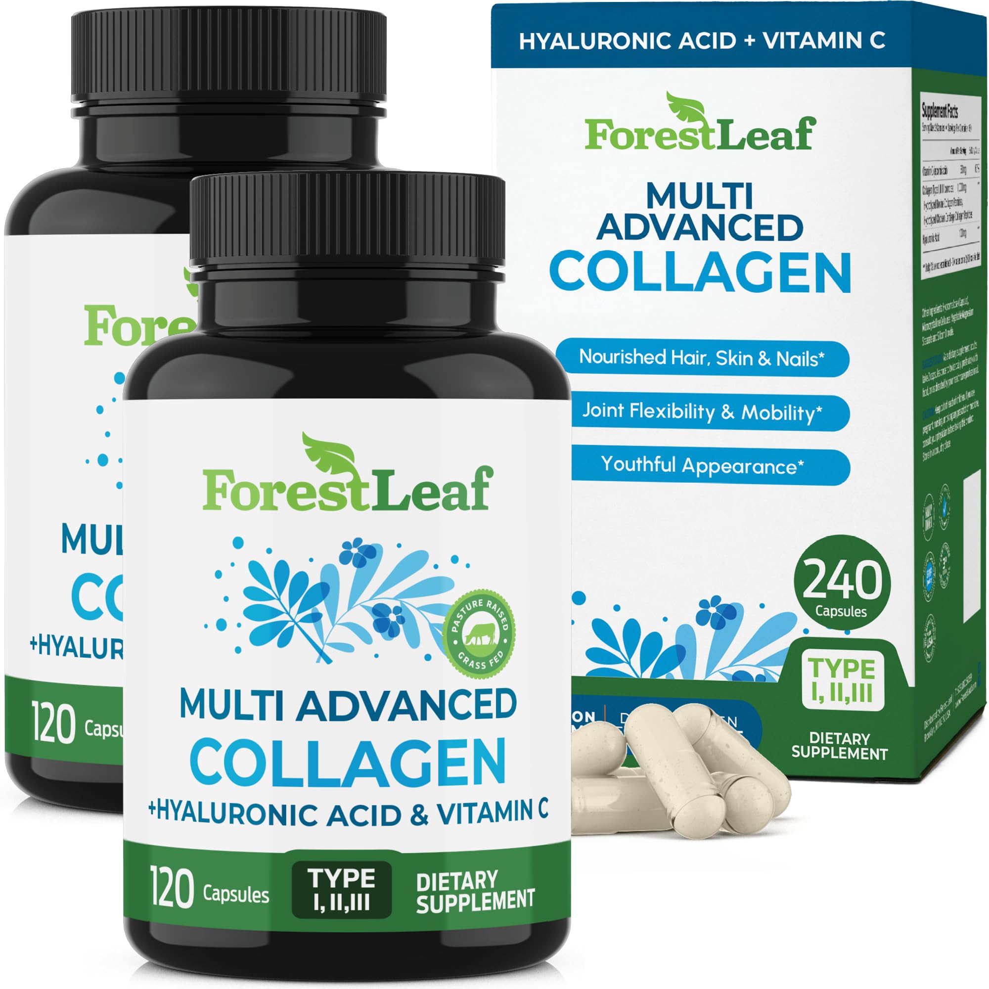 ForestLeaf frasco frontal mostrando 240 cápsulas y beneficio de suministro prolongado
