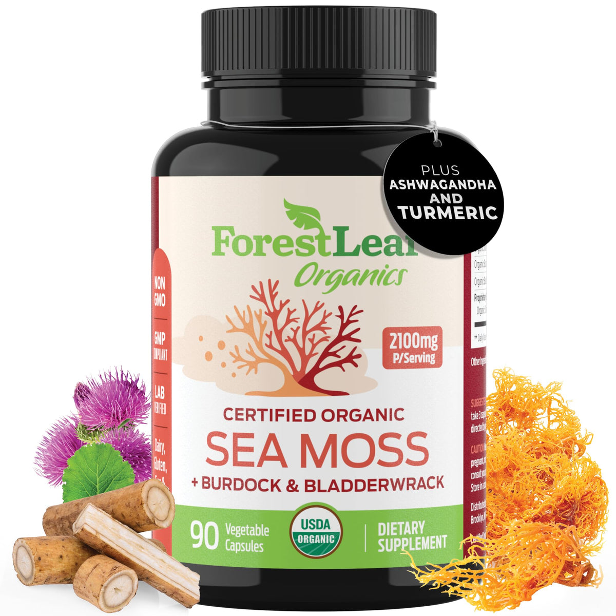 ForestLeaf envase frontal mostrando sea moss orgánico y beneficio nutricional