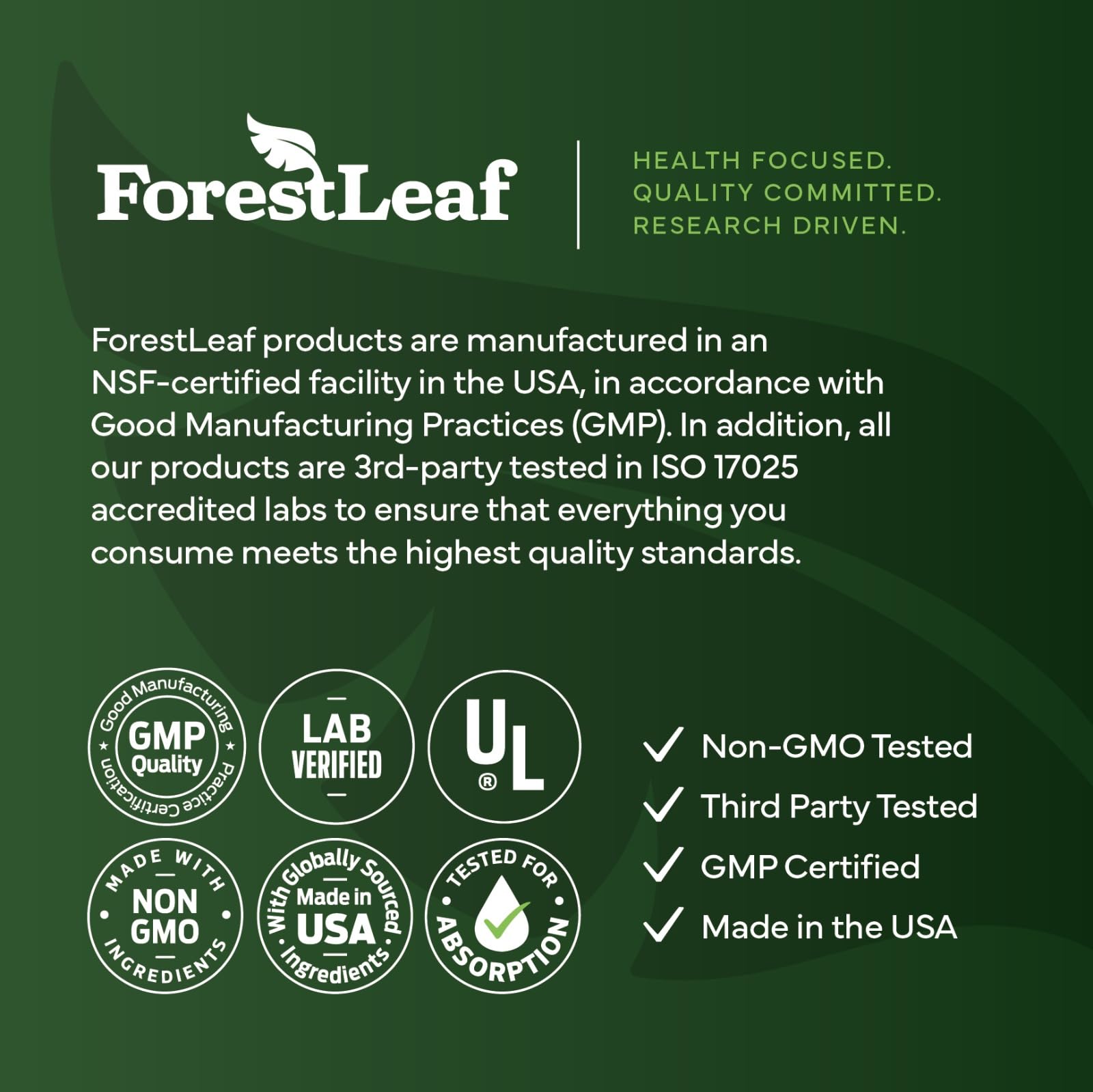 Informe de laboratorio y frasco ForestLeaf subrayando pruebas de terceros