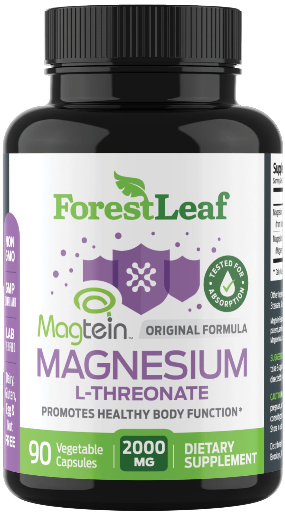 Frasco frontal ForestLeaf Magnesium L-Threonate mostrando 90 cápsulas y marca