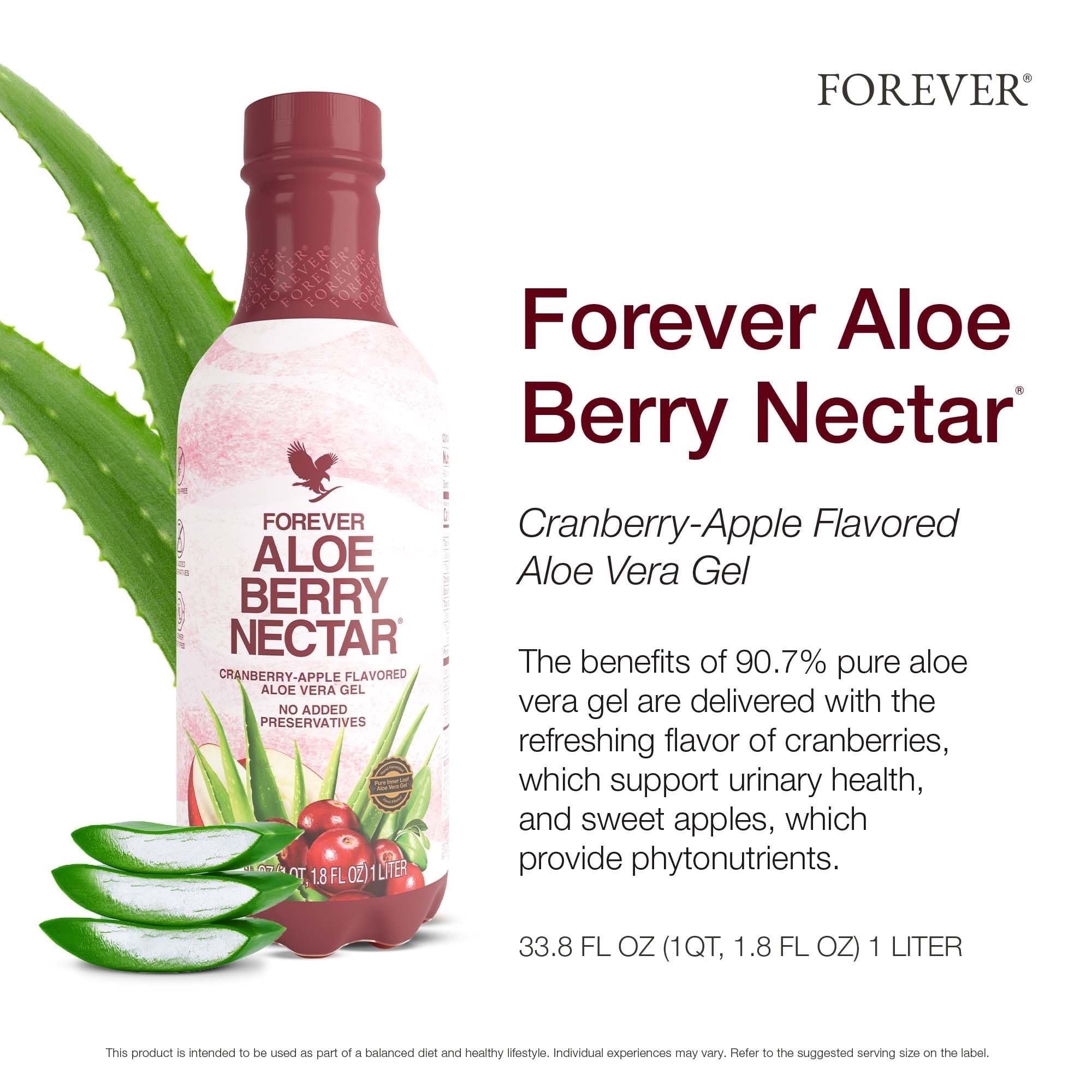 Forever Living vaso con Aloe Berry Nectar y hielo, bebida refrescante lista