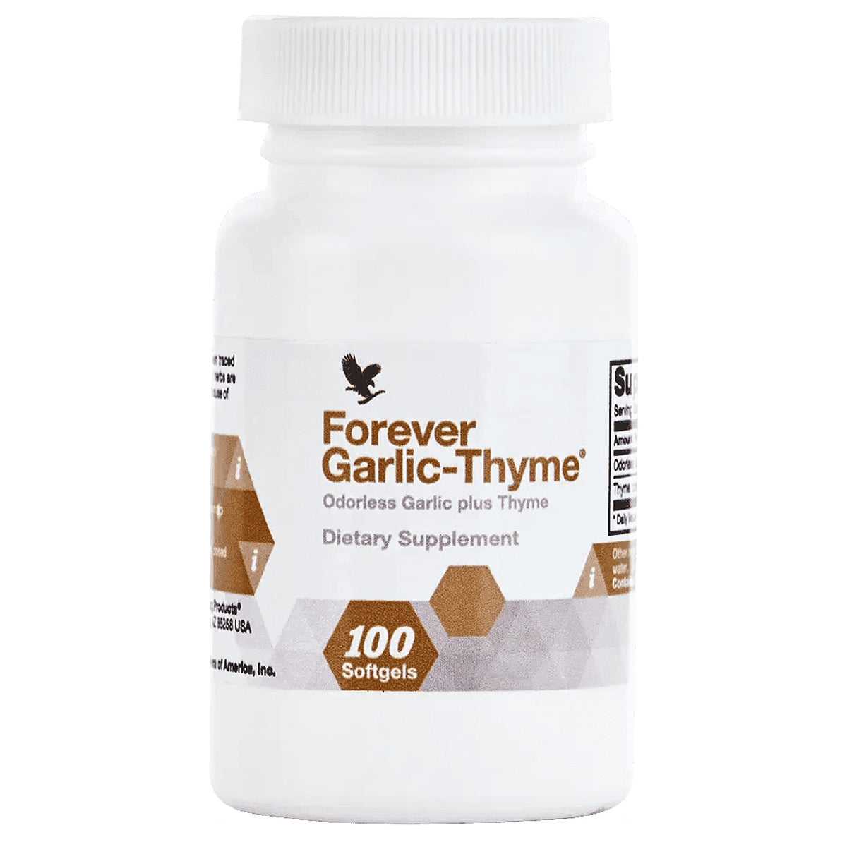 Forever Garlic-Thyme envase frontal mostrando 100 softgels y beneficios