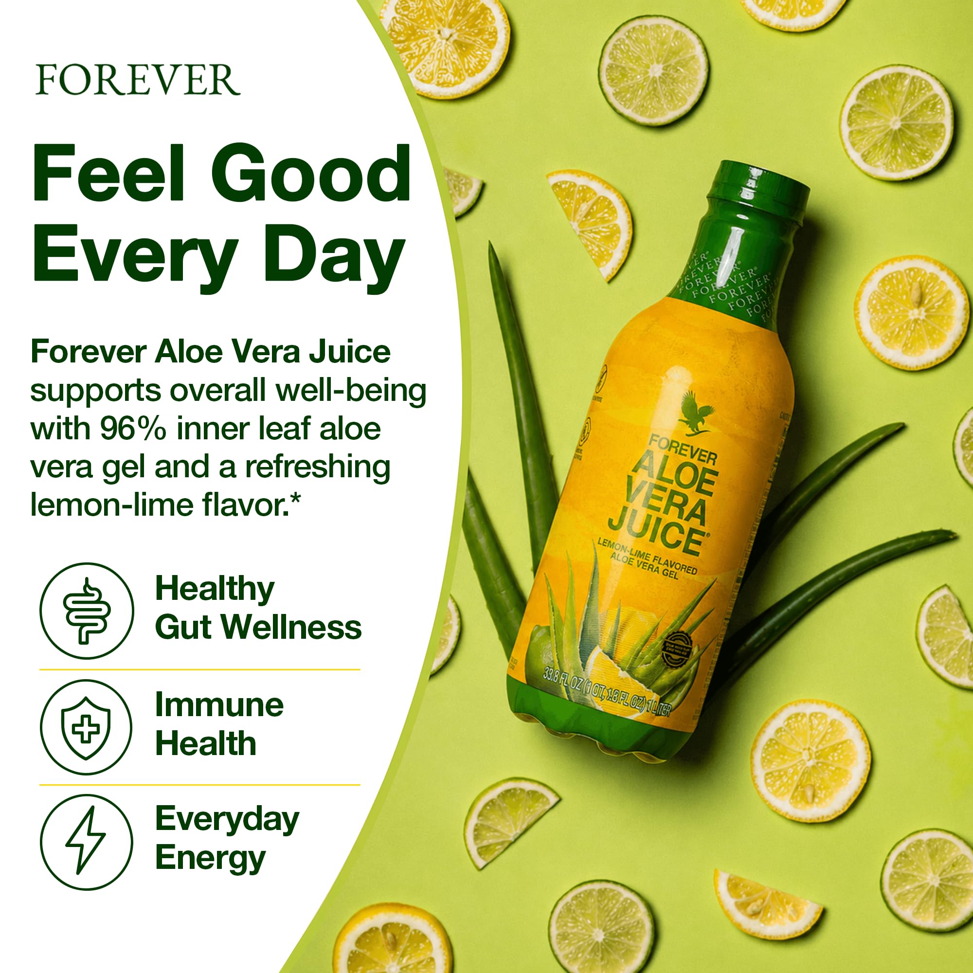 Forever Living botella junto a una mano para comparar tamaño, beneficio: referencia de volumen