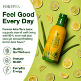 Forever Living botella junto a una mano para comparar tamaño, beneficio: referencia de volumen