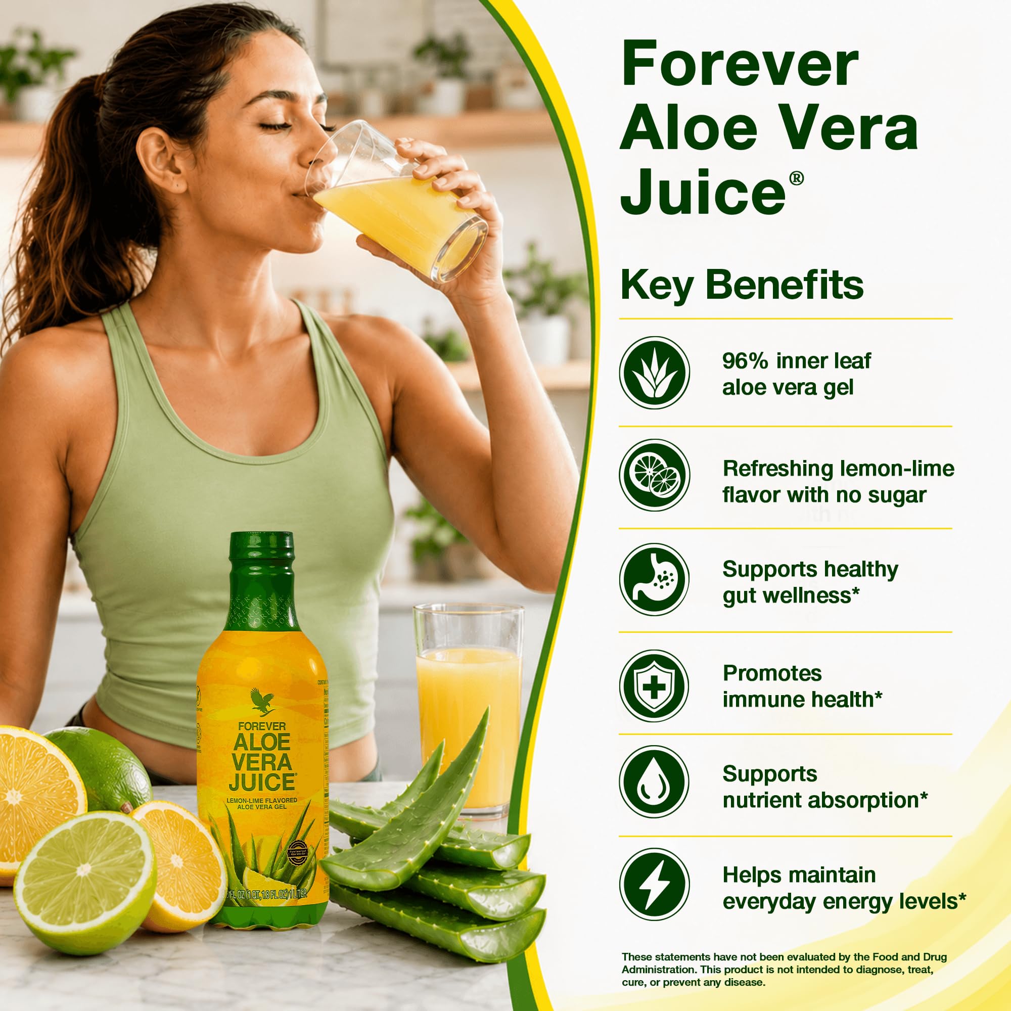 Forever Living vaso servido con hielo y limón, beneficio: refresco listo para beber