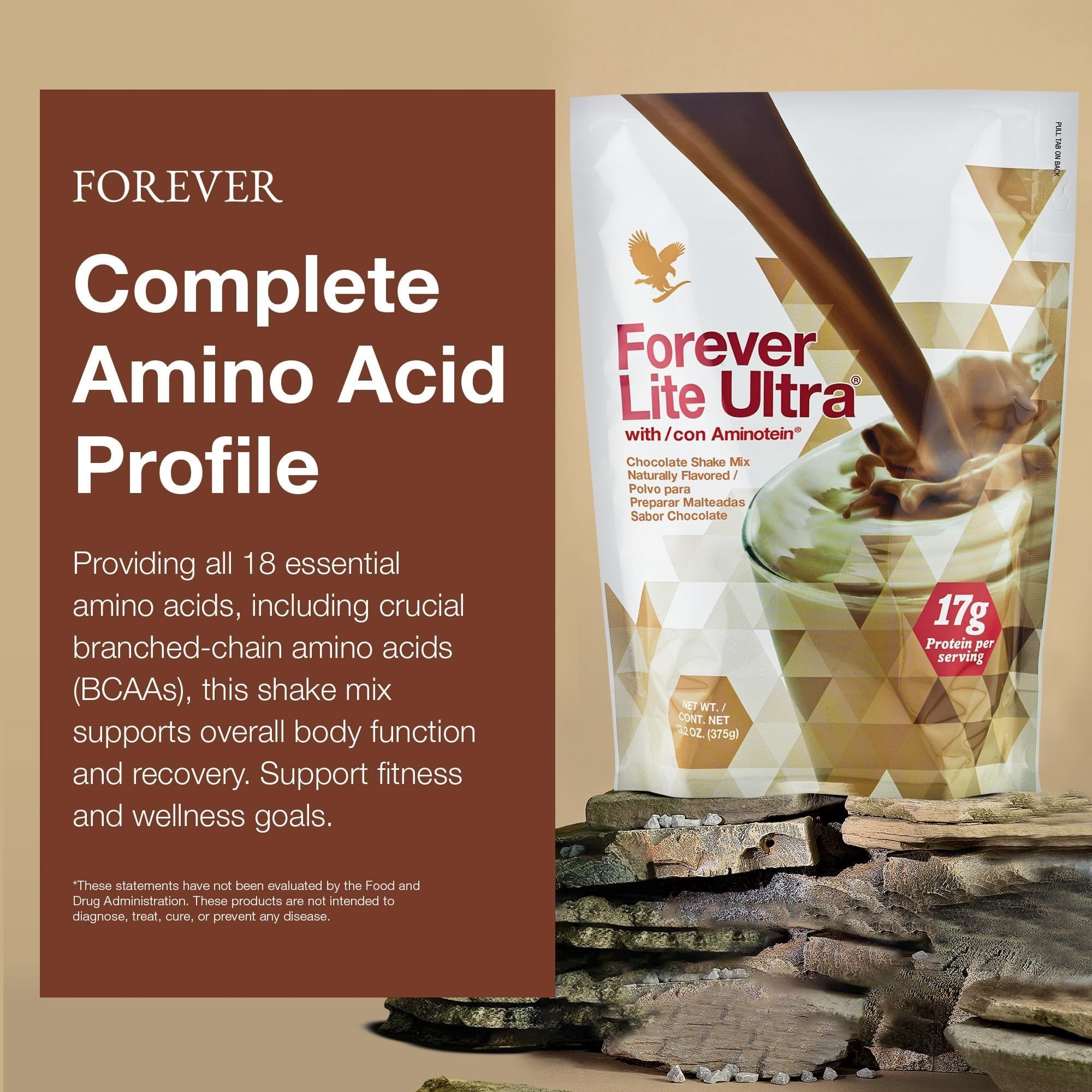 Forever Living cuchara con medida de polvo destacando 17 g de proteína