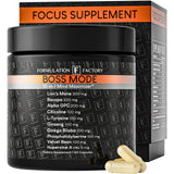 Formulation Factory frasco BOSS Mode frontal, presentando aspecto profesional y confianza