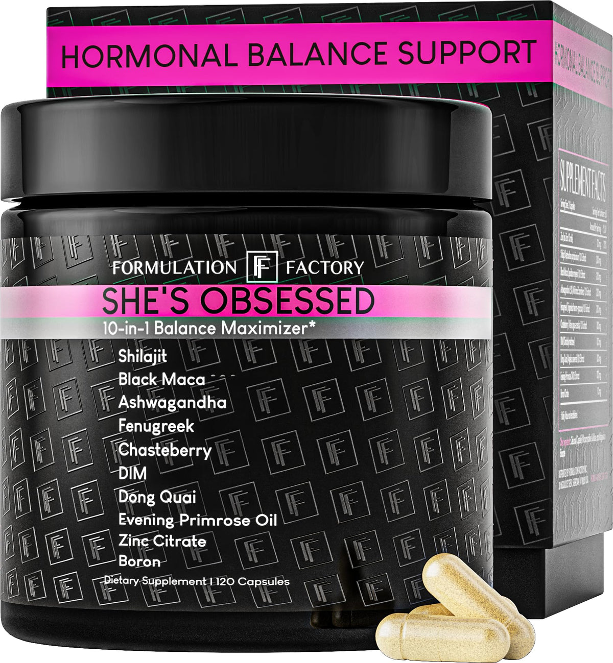 Formulation Factory envase frontal que muestra 120 cápsulas y beneficio de equilibrio hormonal