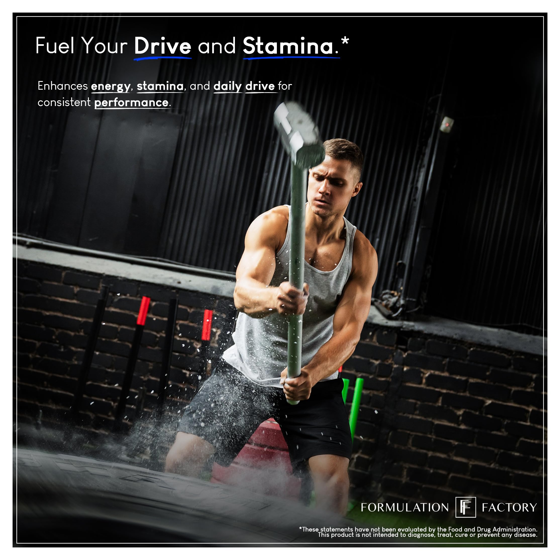 Ingredientes clave shilajit, tongkat ali y fadogia agrestis en forma ilustrativa junto al envase Formulation Factory