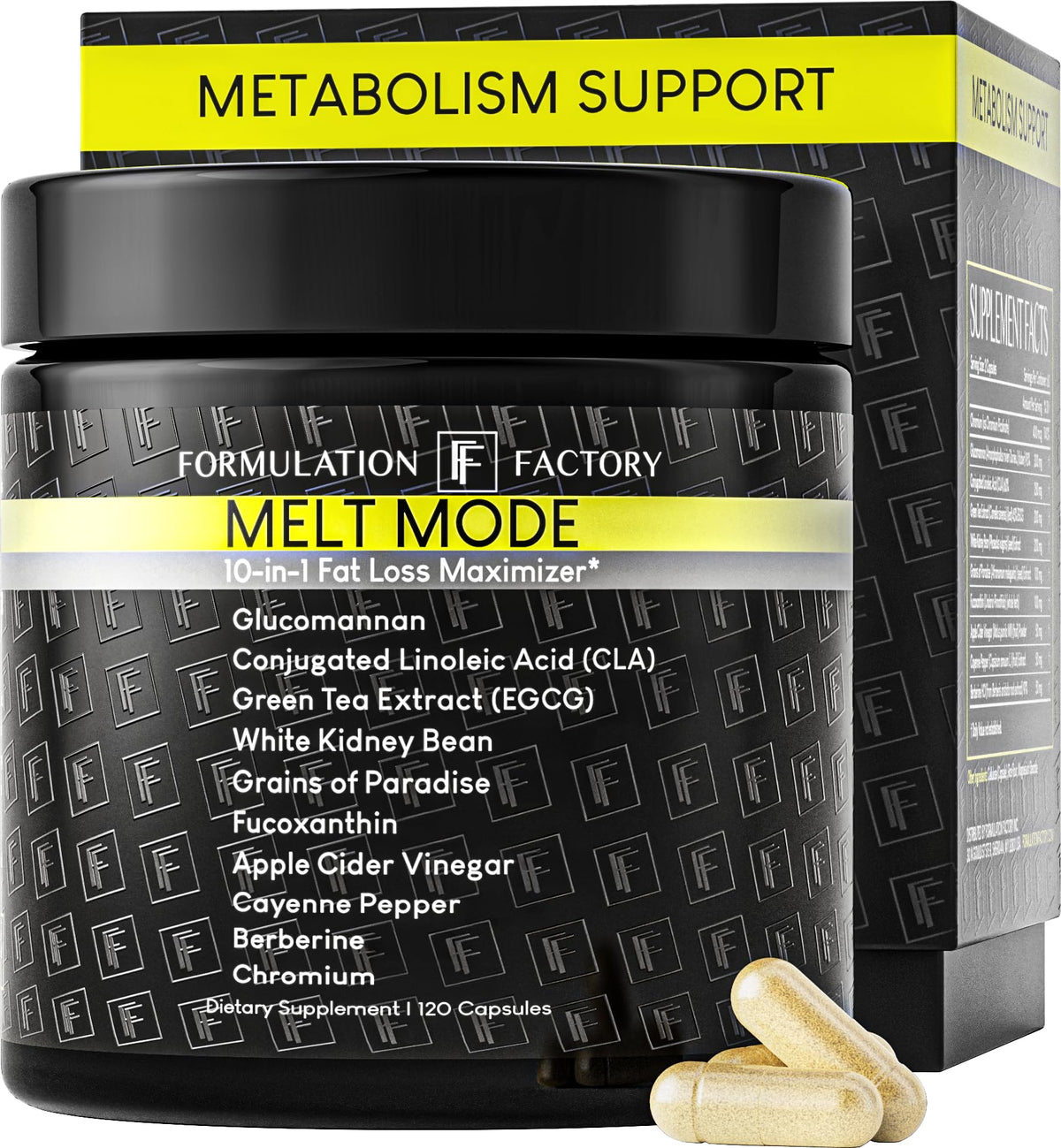 Formulation Factory Melt Mode frente del empaque mostrando 120 cápsulas y marca