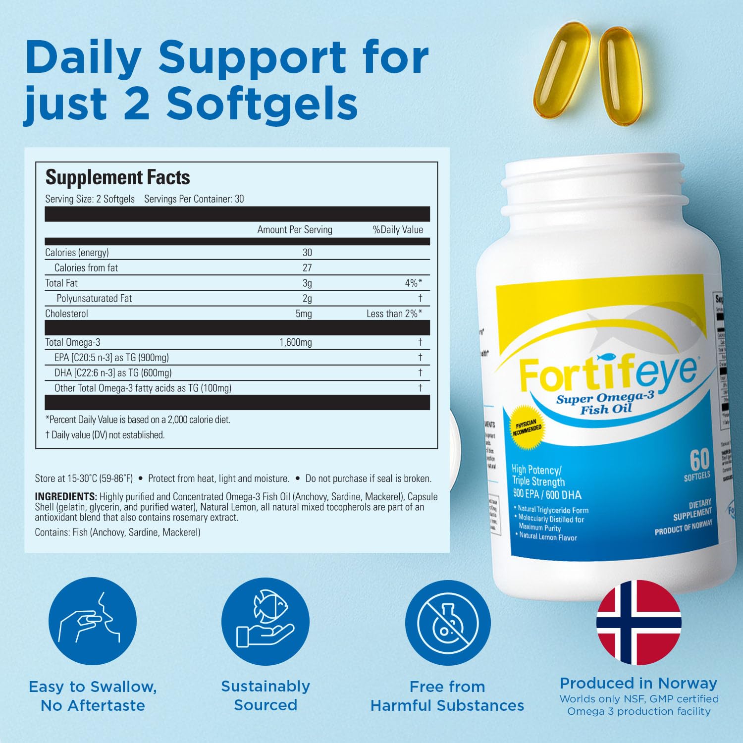 Fortifeye persona tomando cápsula con facilidad y sabor limón