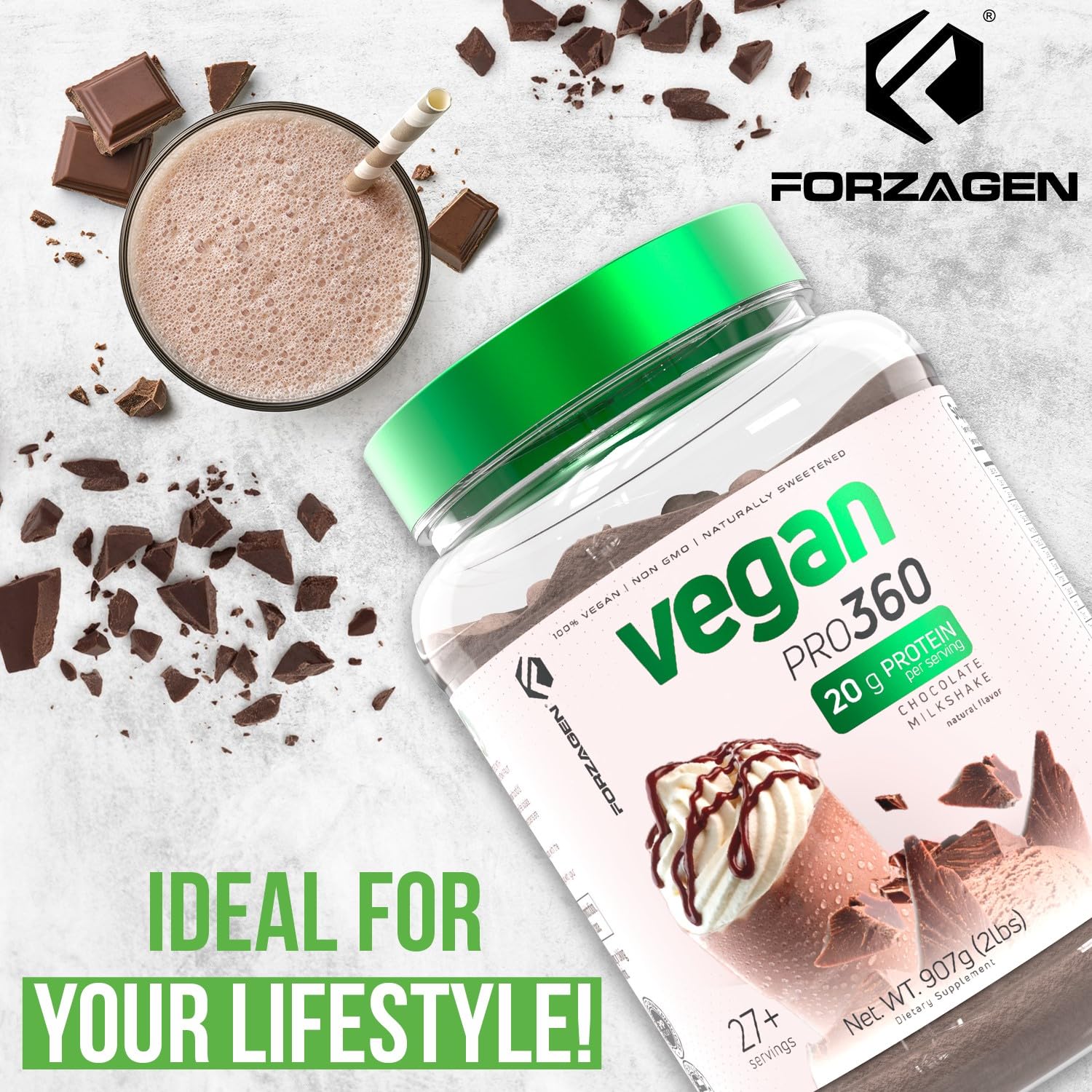 Forzagen batido servido en vaso, sabor Chocolate Milkshake apetecible