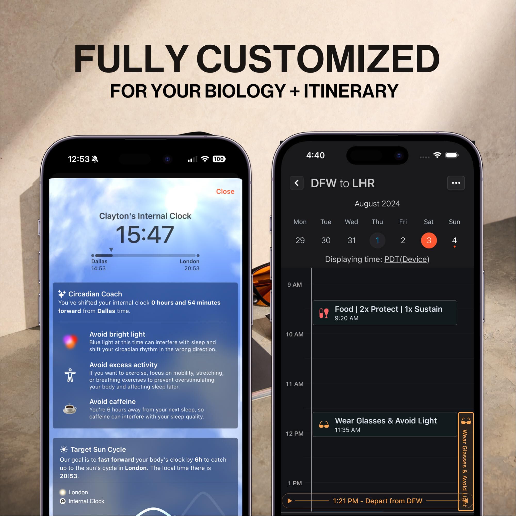 Fount Flykitt app pantalla mostrando plan personalizado para jet lag
