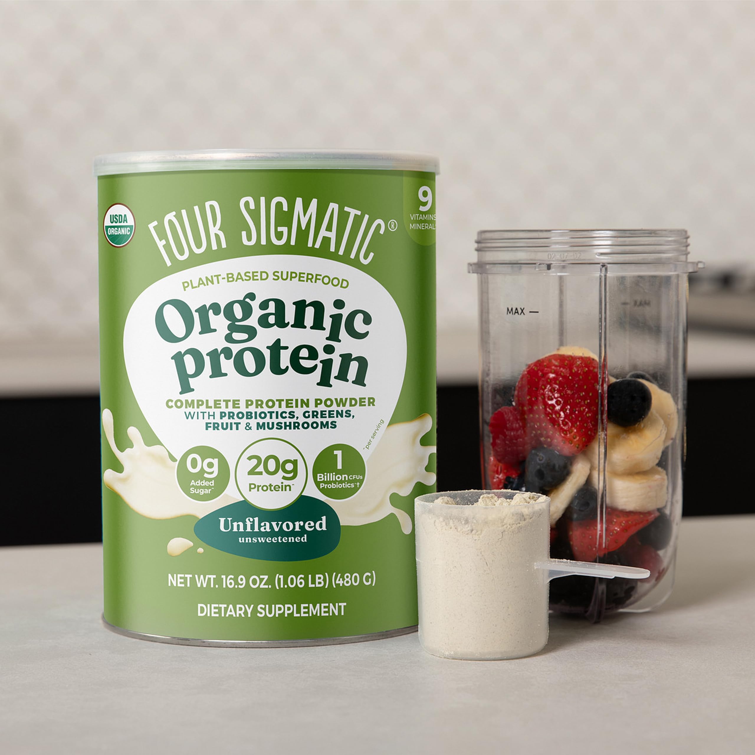 Four Sigmatic polvo integrado en batido vegano, proteína sin alterar sabor