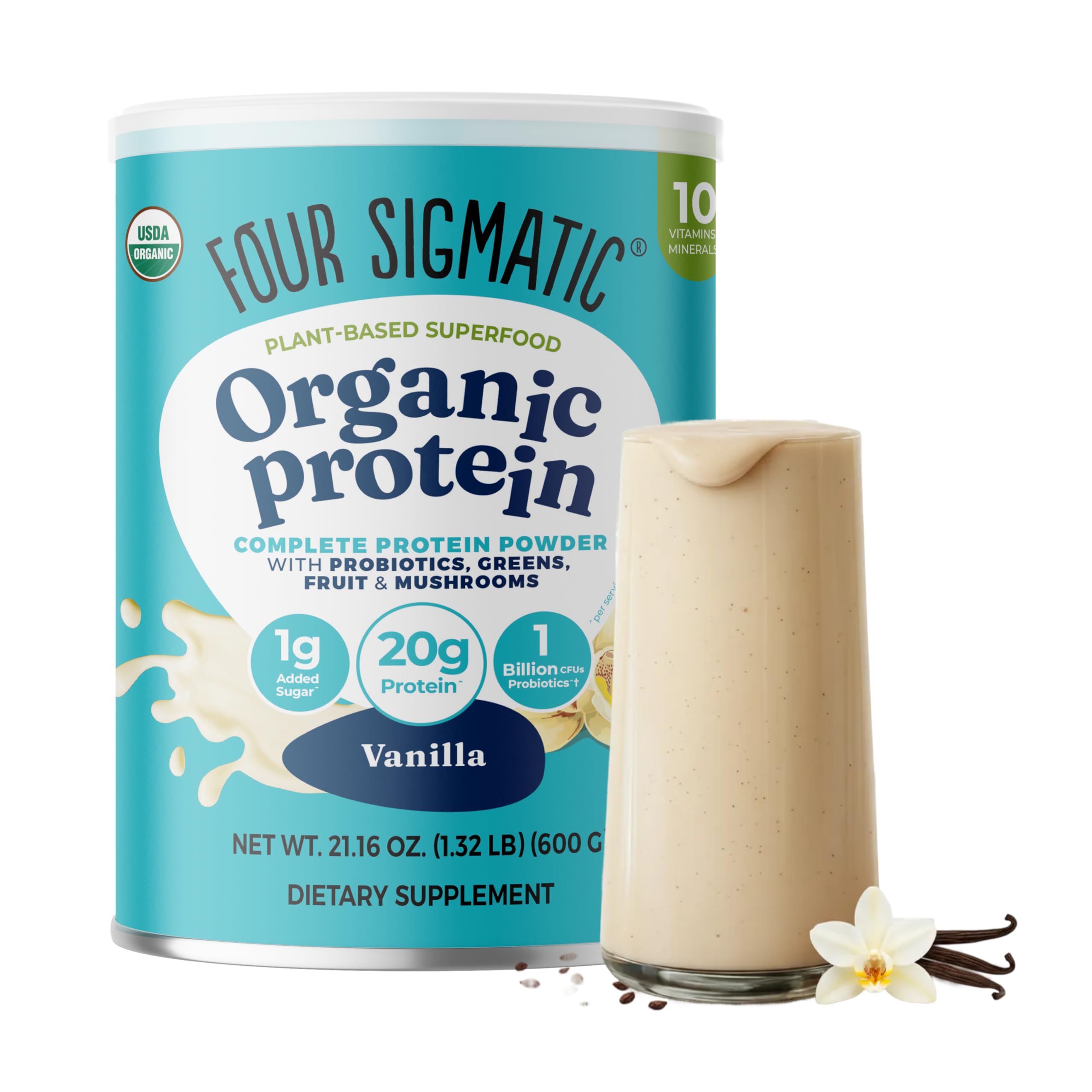 Four Sigmatic envase frontal sabor vainilla con diseño claro y beneficios visibles