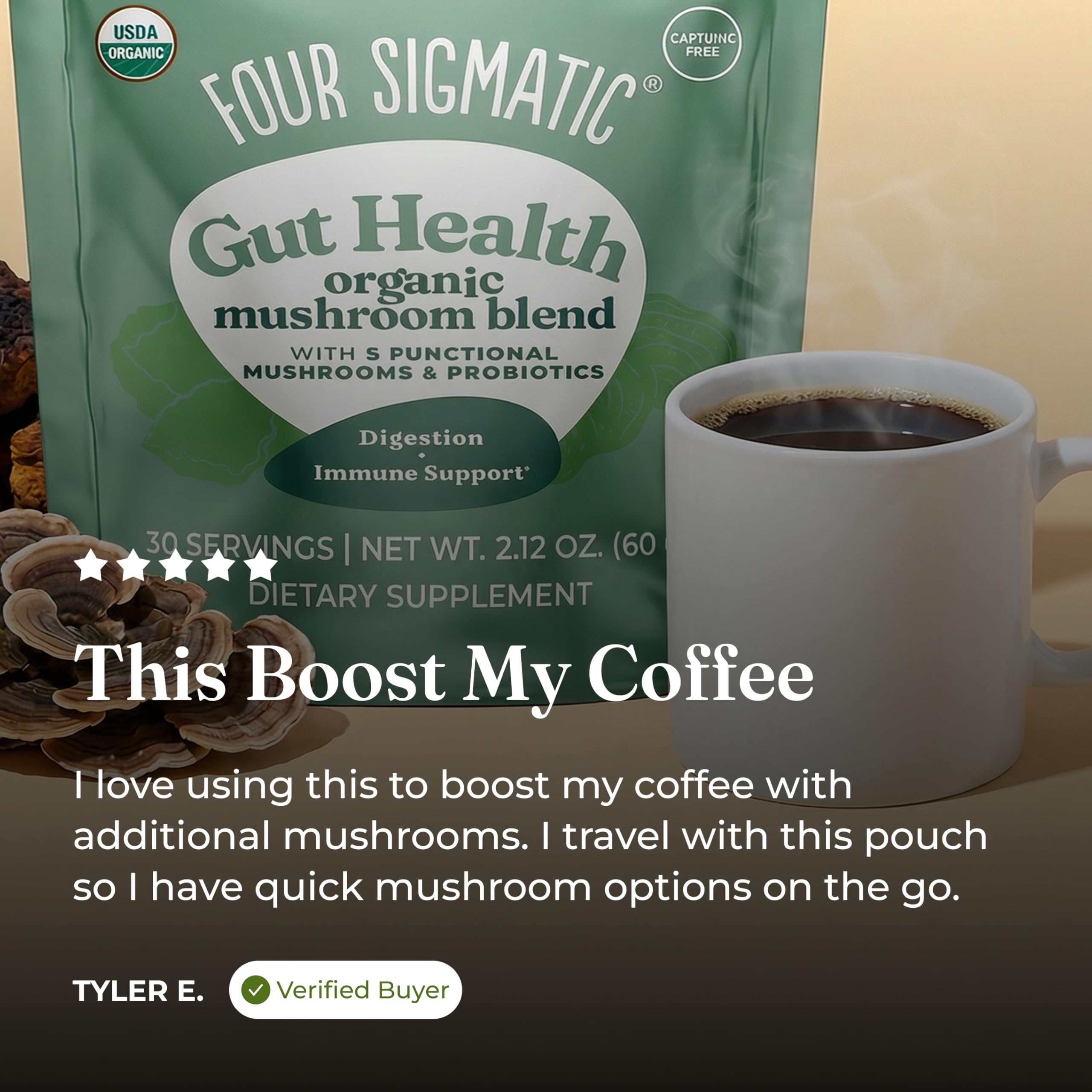 Four Sigmatic etiqueta con lista de ingredientes y datos nutricionales claros