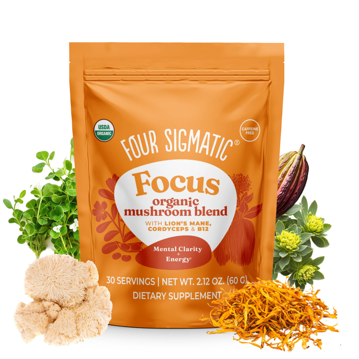 Four Sigmatic envase frontal mostrando etiqueta y beneficios para enfoque