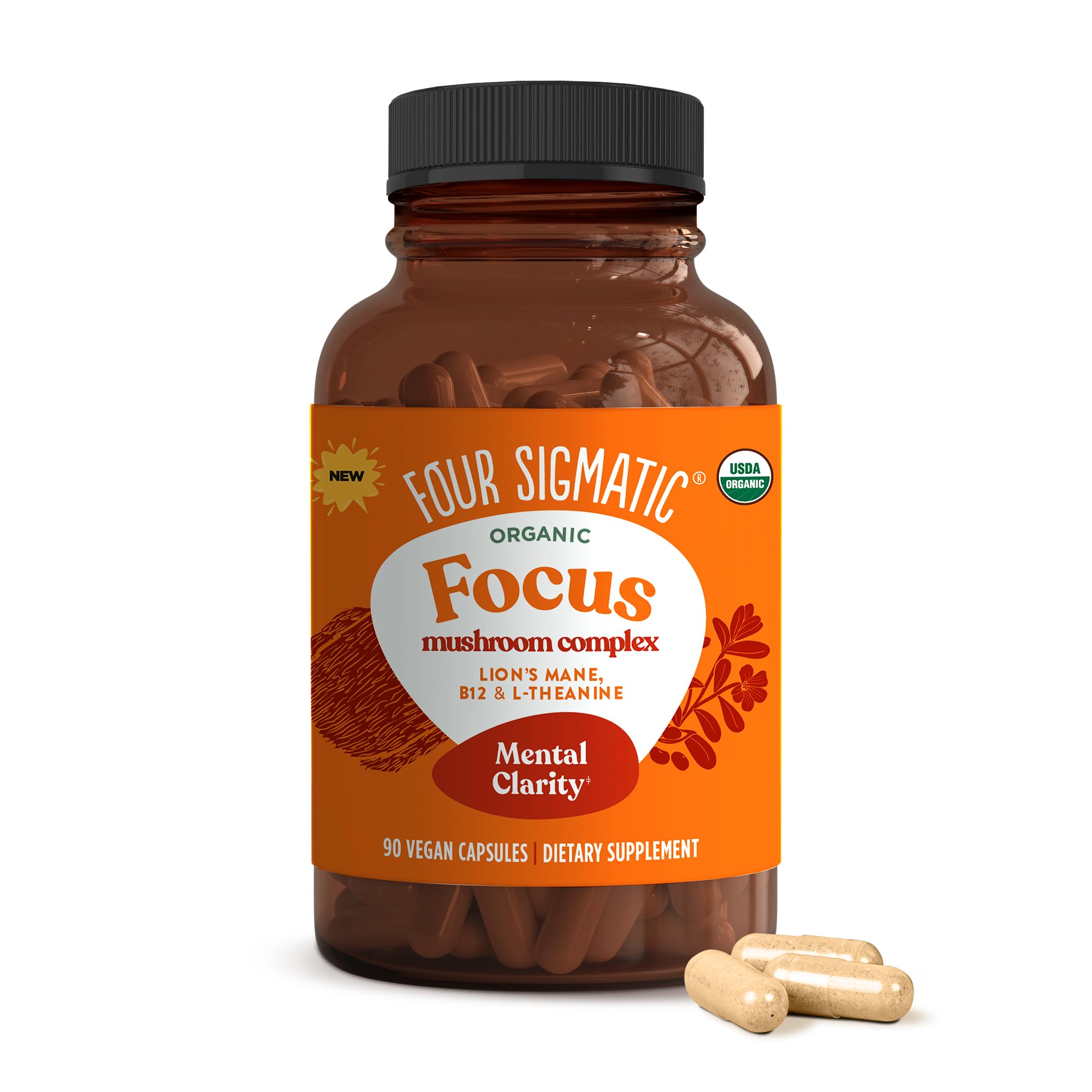 Four Sigmatic frasco frontal de Focus Capsules mostrando presentación y beneficio de enfoque