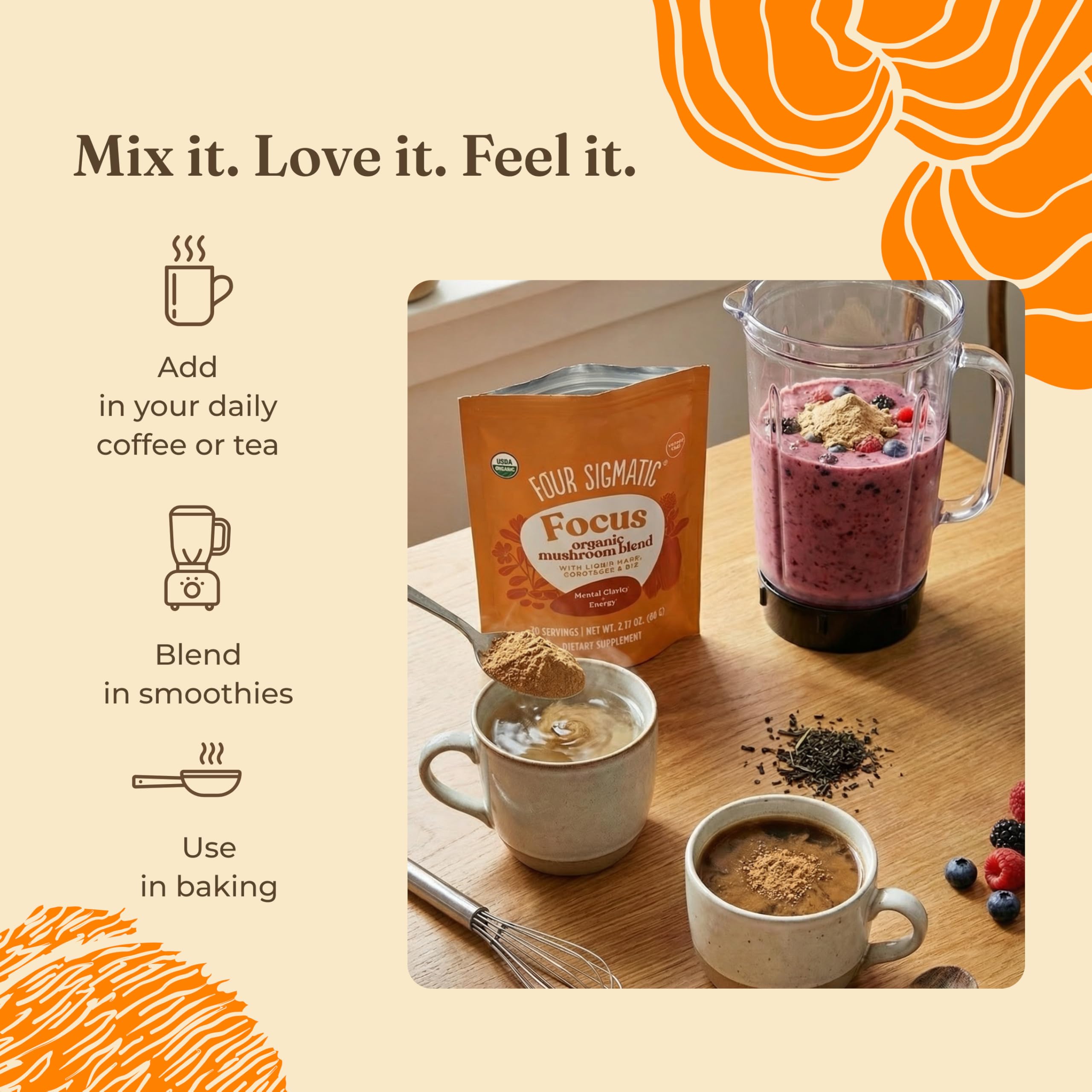 Ingredientes del Focus Blend con Lion's Mane y adaptógenos, vistos juntos