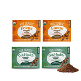 Four Sigmatic vista frontal del empaque pack 4 mostrando las cajas y sobres, fácil identificación