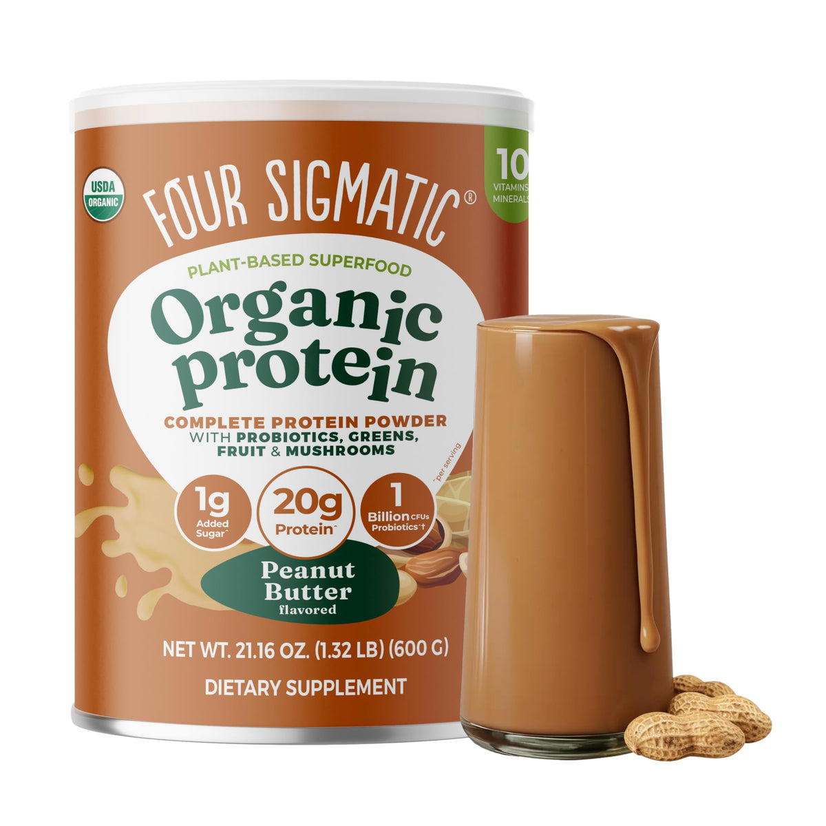 Four Sigmatic frontal del envase sabor mantequilla de maní mostrando beneficio de proteína vegetal