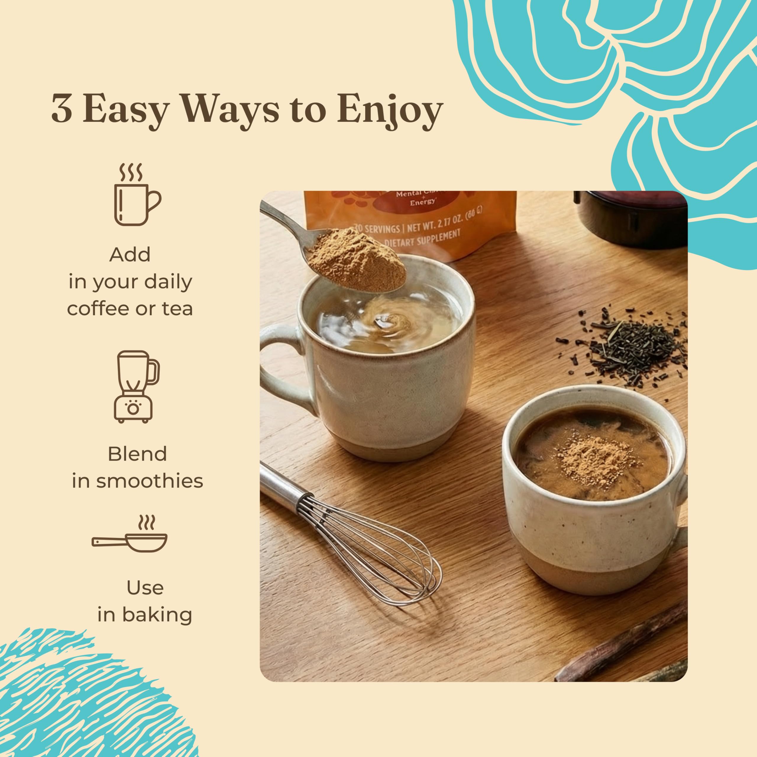 Four Sigmatic ingredientes primarios: reishi, chaga y ashwagandha visibles