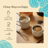 Four Sigmatic ingredientes primarios: reishi, chaga y ashwagandha visibles