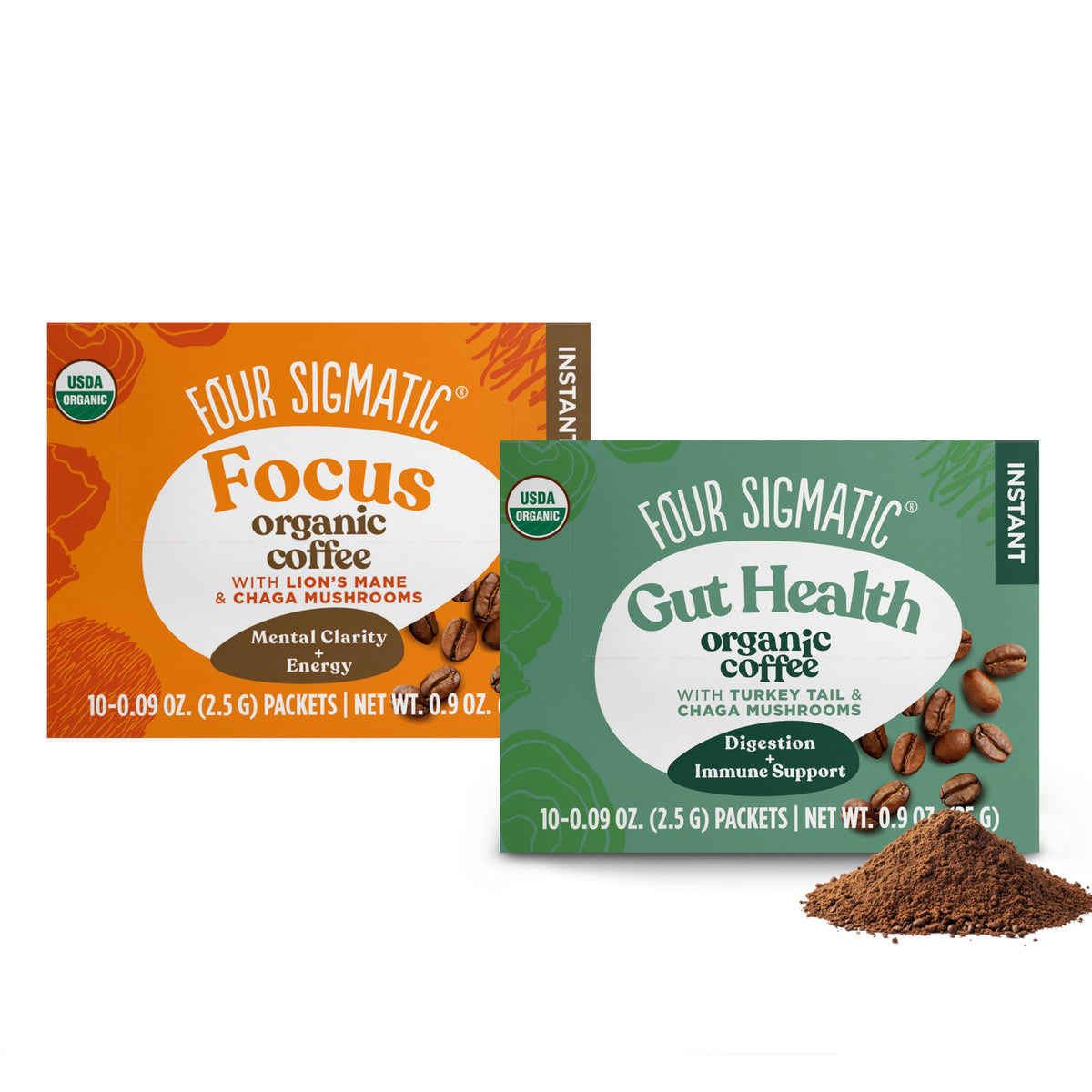 Four Sigmatic vista frontal del pack mostrando ambas variedades y facilidad de uso