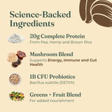 Four Sigmatic proteína añadida a un bowl de avena para desayuno nutritivo
