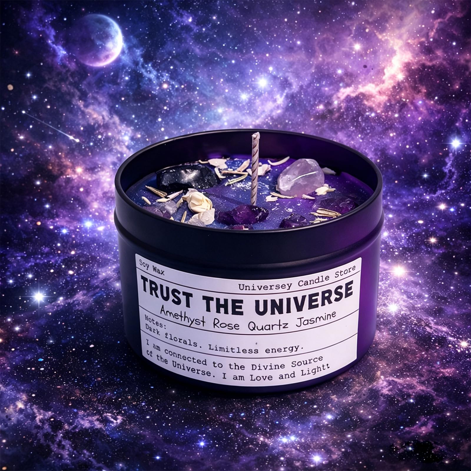 Fouvor primer plano de cera vegana con cristales y flores secas para enfoque sensorial