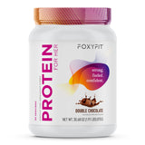 FoxyFit envase frontal doble chocolate mostrando beneficio sabor indulgente
