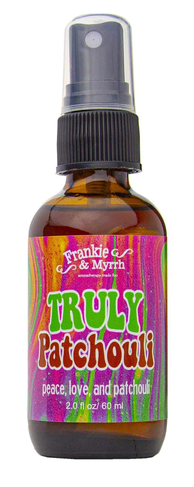 Frankie & Myrrh botella frontal mostrando diseño y beneficios aromáticos