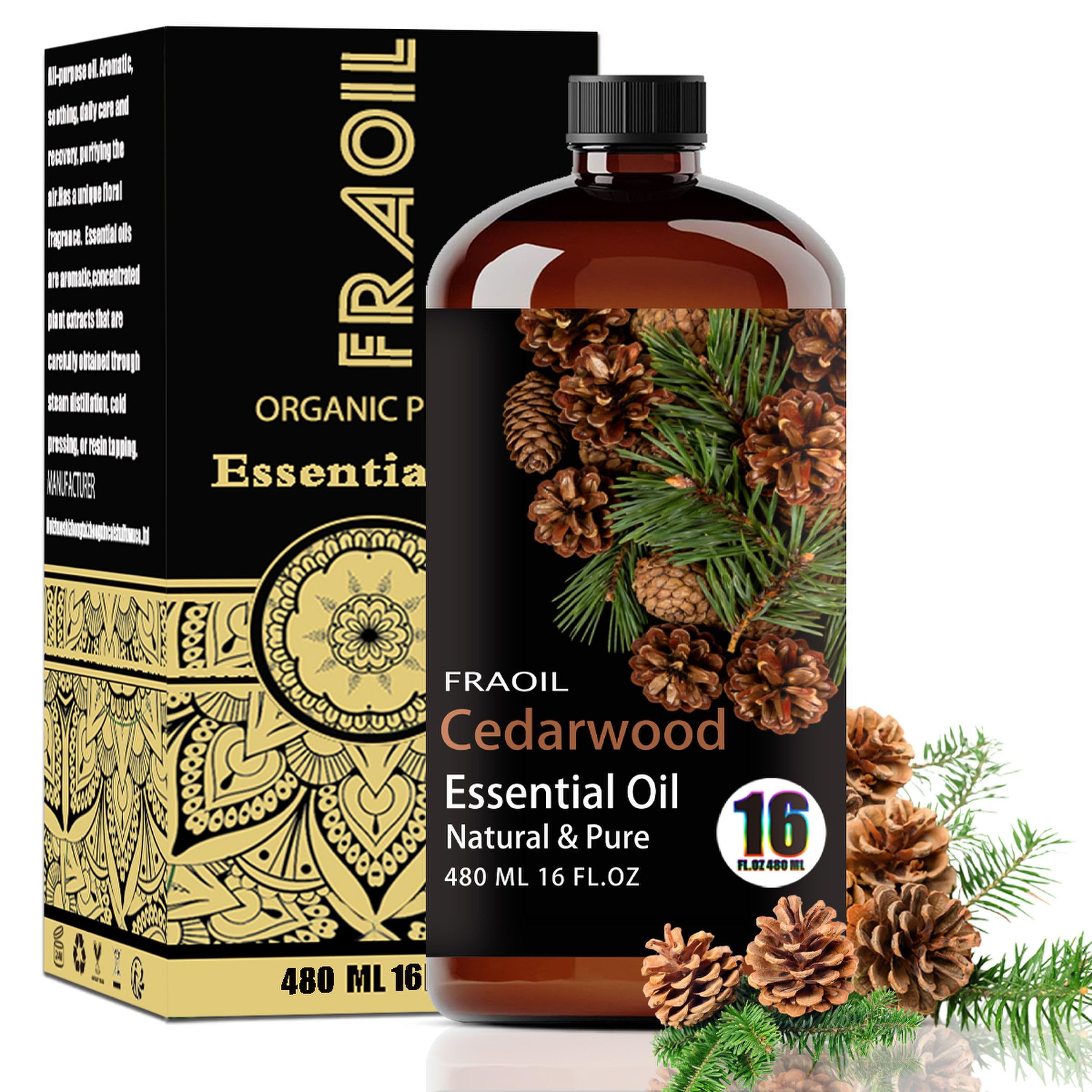 FRAOIL frasco frontal de cedro 480 ml mostrando etiqueta y vidrio protector