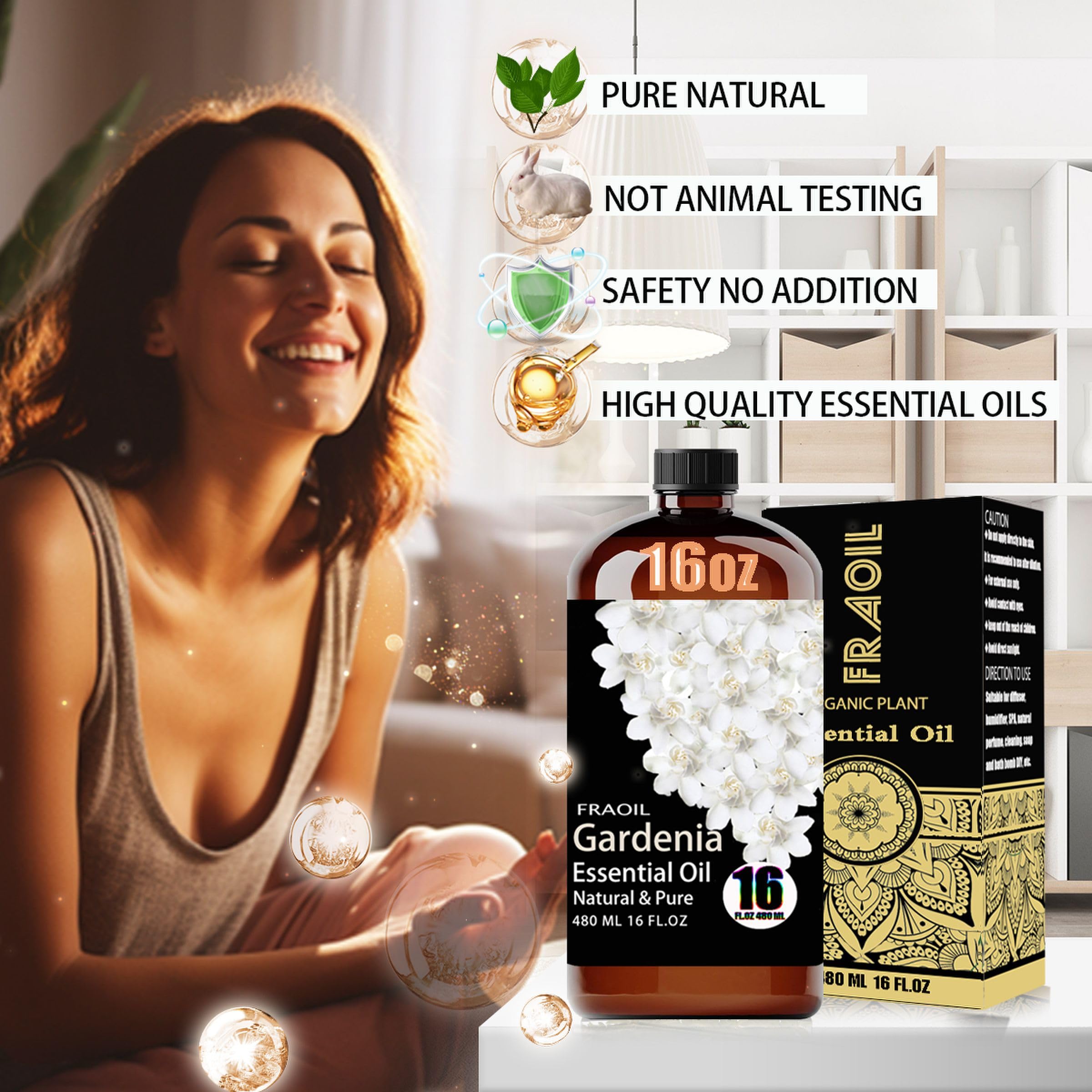 FRAOIL primer plano del aceite de gardenia, textura clara y aspecto puro