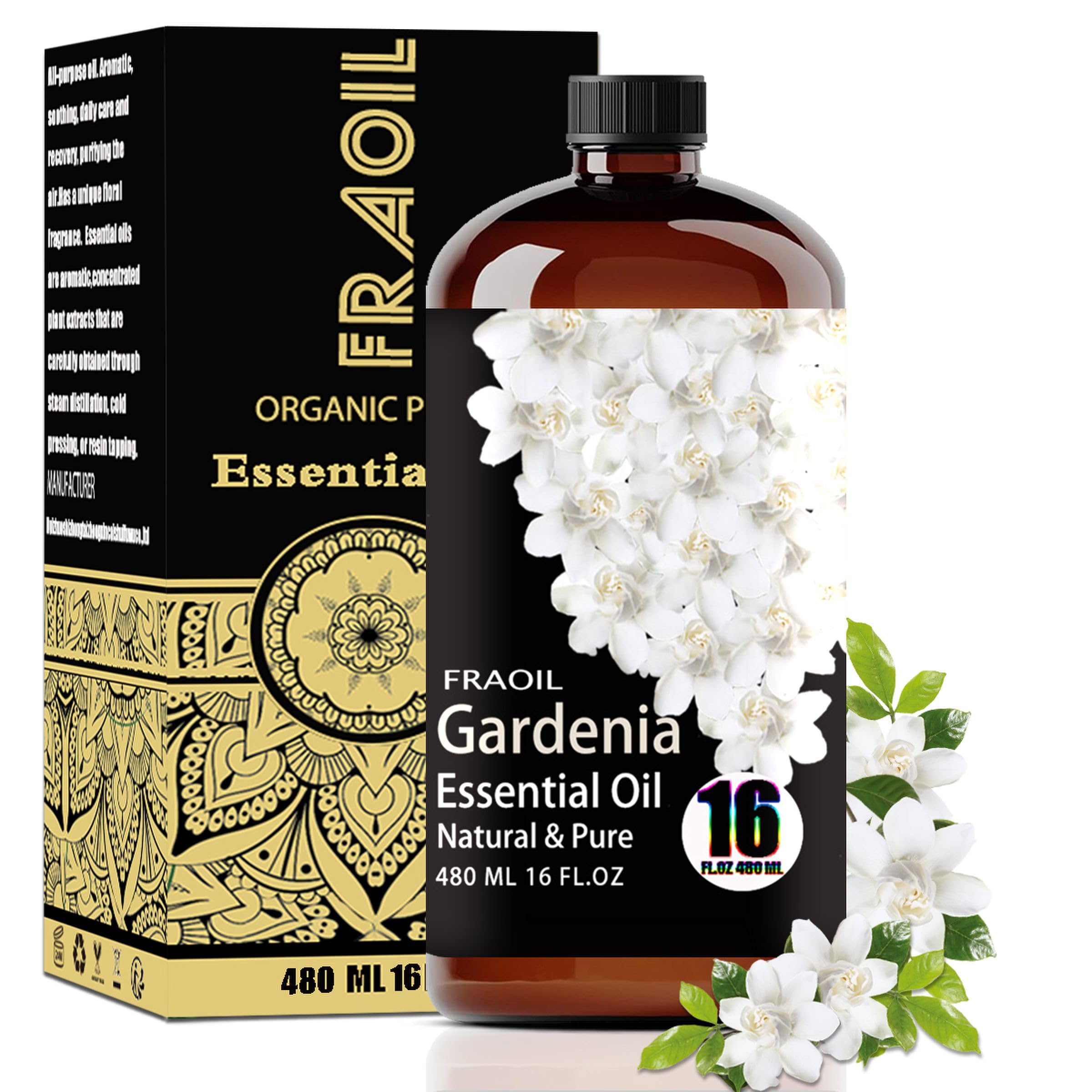 FRAOIL botella frontal de gardenia mostrando etiqueta y diseño, ambiente aromático