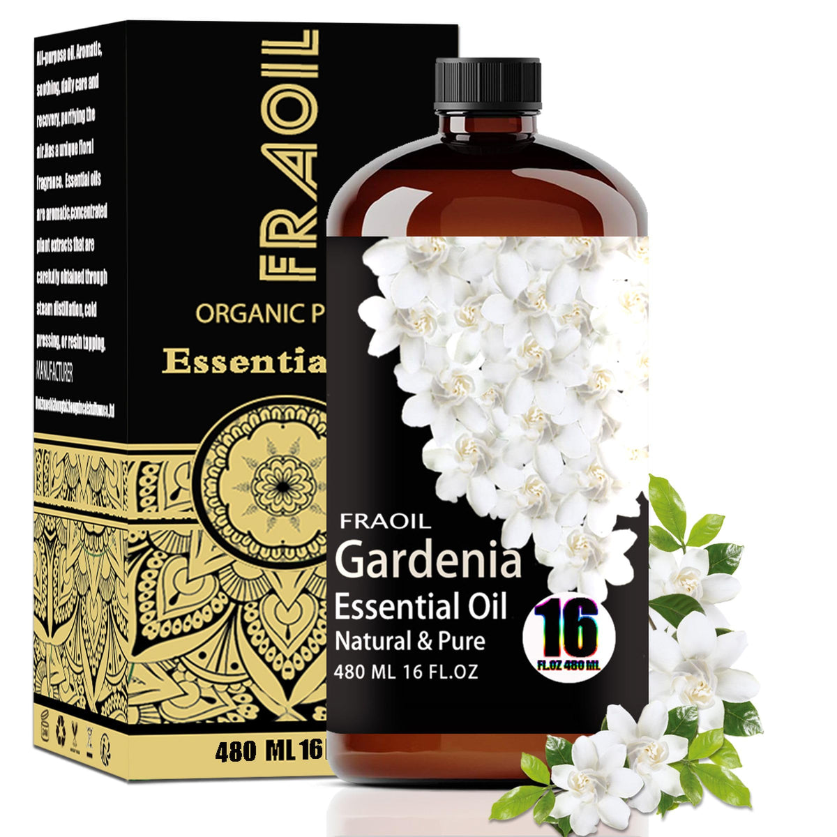 FRAOIL botella frontal de gardenia mostrando etiqueta y diseño, ambiente aromático