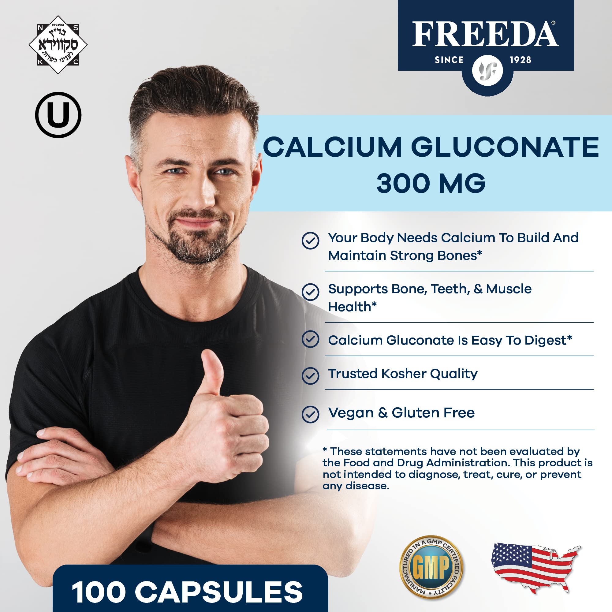 Detalle de cápsulas FREEDA calcio gluconato para fácil digestión y absorción