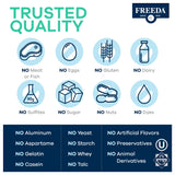 FREEDA etiqueta con certificaciones kosher, vegana y sin gluten visibles