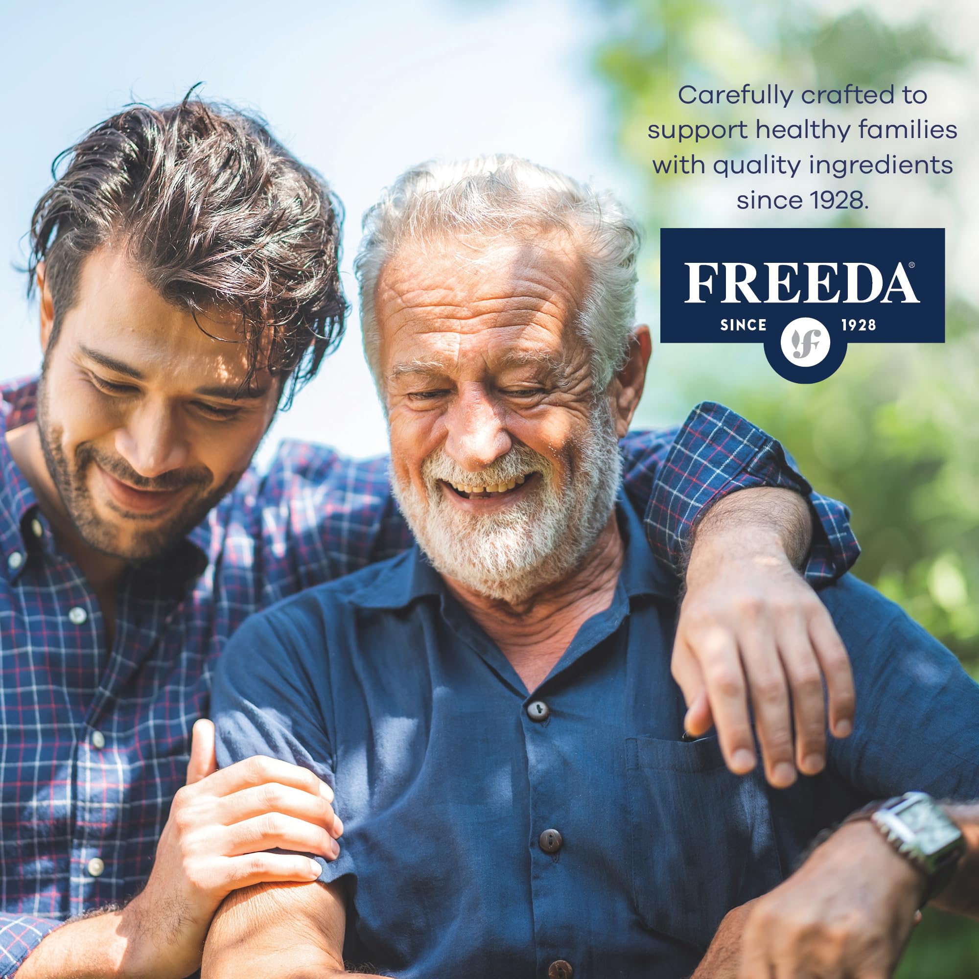 FREEDA envase con iconos de vegano, kosher y sin gluten visibles
