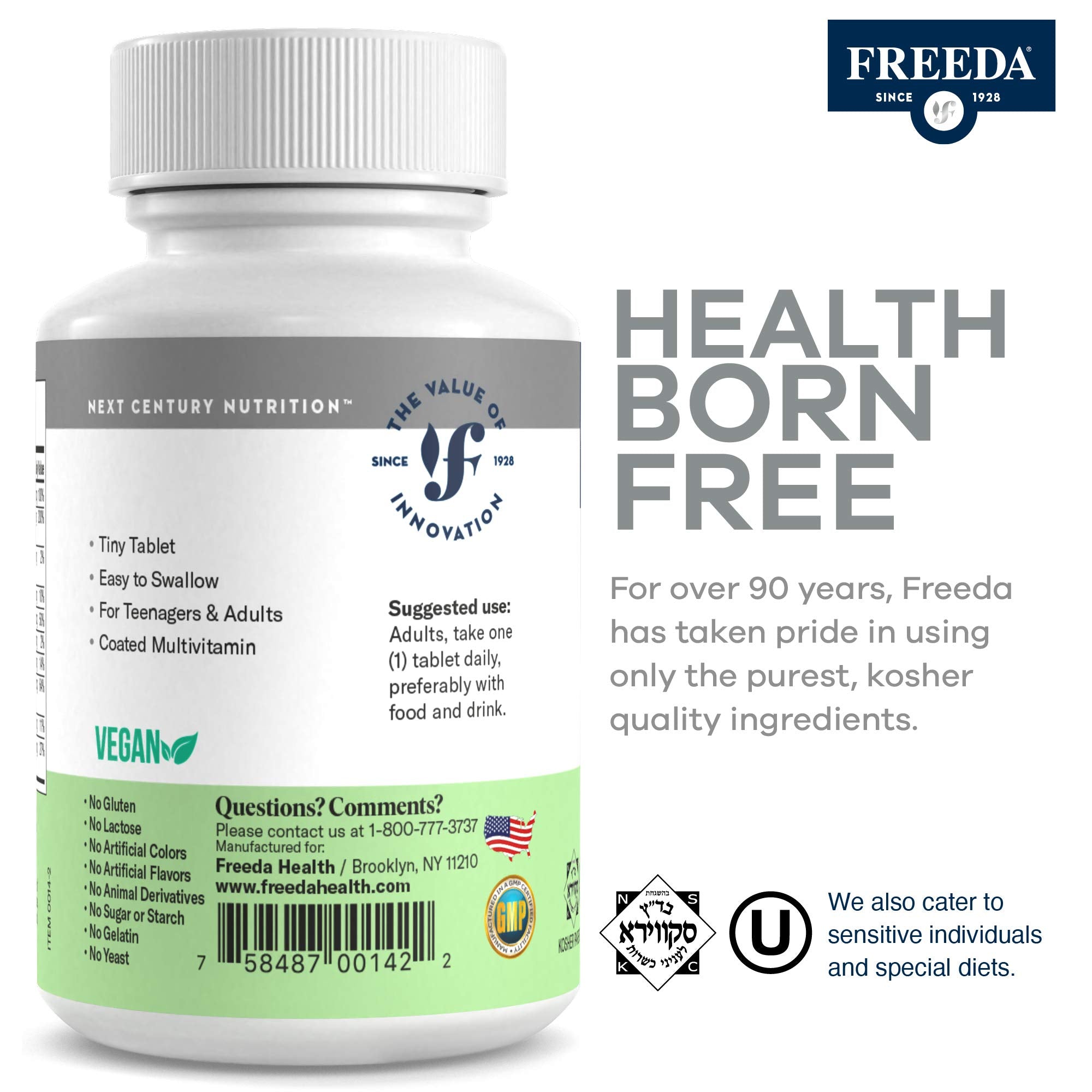 FREEDA freedavite frasco abierto con tabletas apiladas y fácil acceso