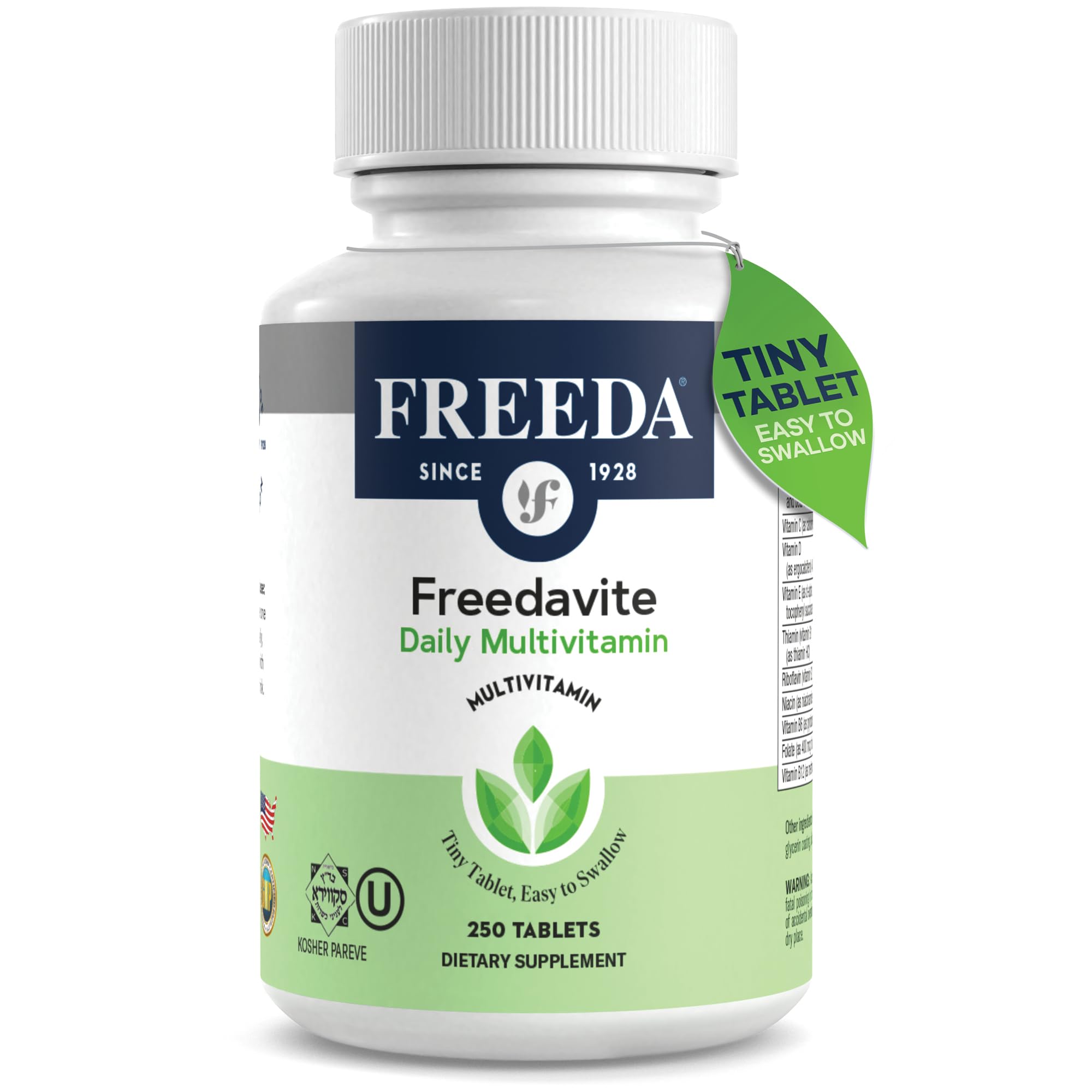 FREEDA freedavite frontal del envase mostrando 250 tabletas y conveniencia