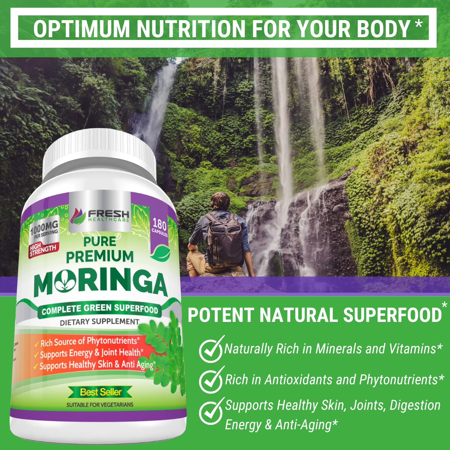 FRESH HEALTHCARE cápsula de moringa en mano para comparar tamaño y facilidad de ingesta