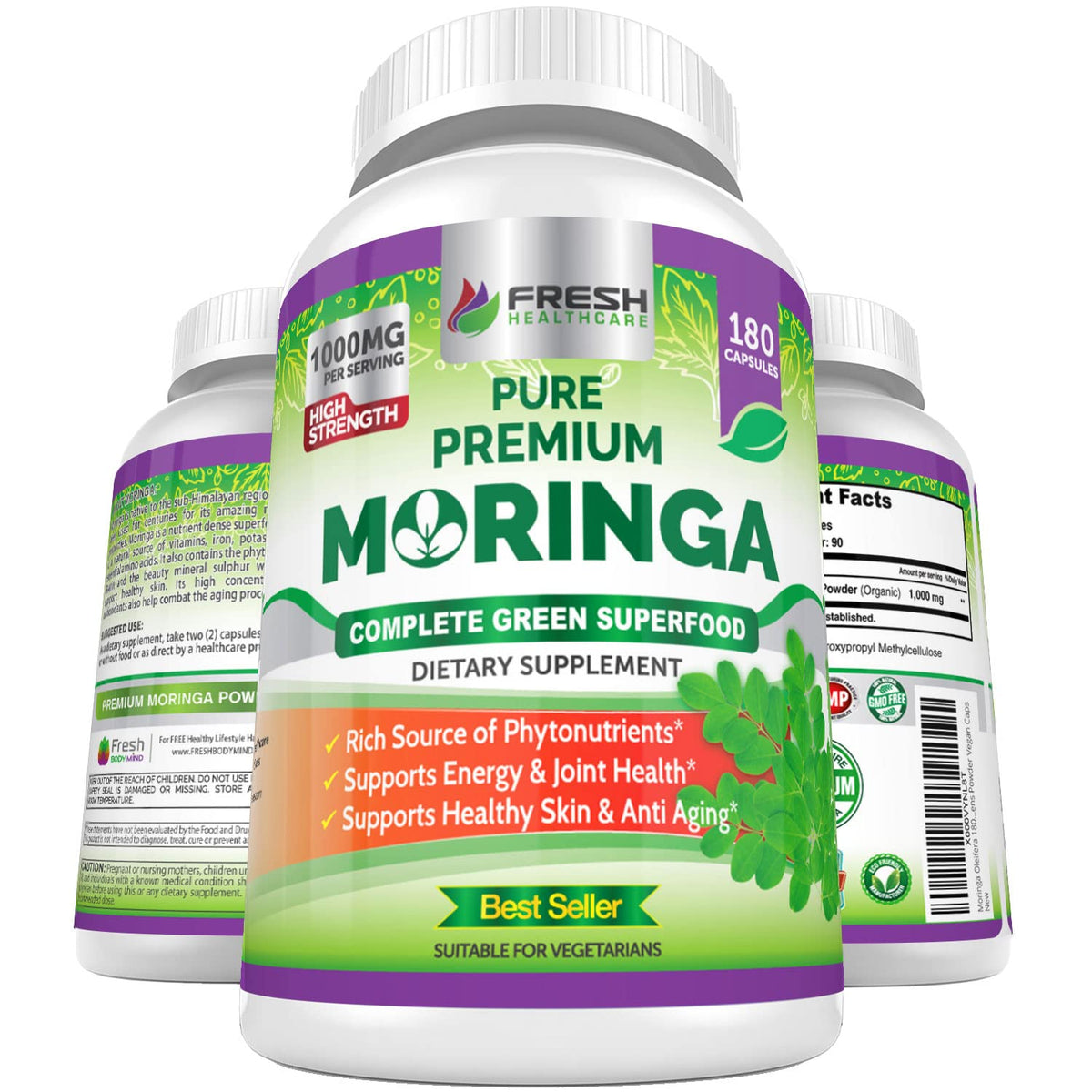 FRESH HEALTHCARE frontal del envase de moringa mostrando duración de 90 días y facilidad
