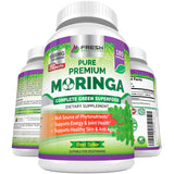 FRESH HEALTHCARE frontal del envase de moringa mostrando duración de 90 días y facilidad