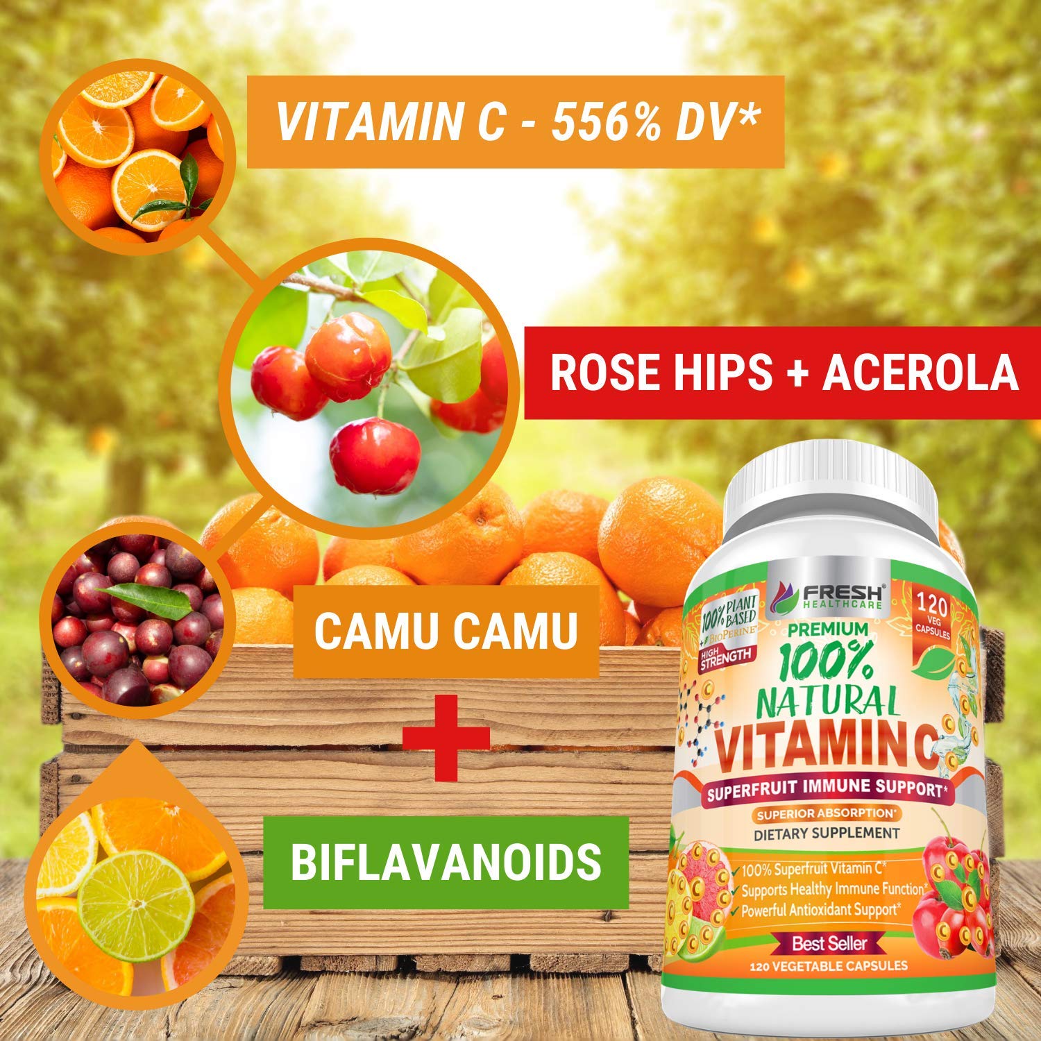 Fresh Healthcare acerola y camu camu, frutos ricos en vitamina C visible
