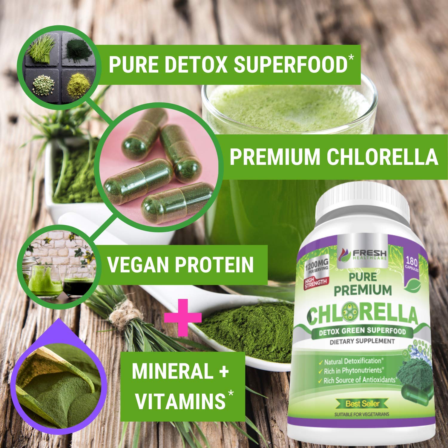 FRESH HEALTHCARE polvo de chlorella en cuenco, textura fina y pura