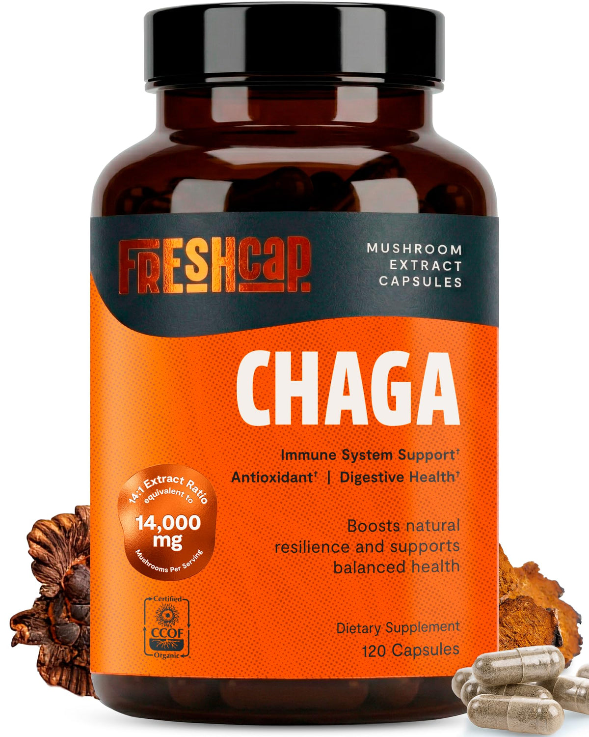 FreshCap Mushrooms frasco frontal mostrando marca y diseño claro